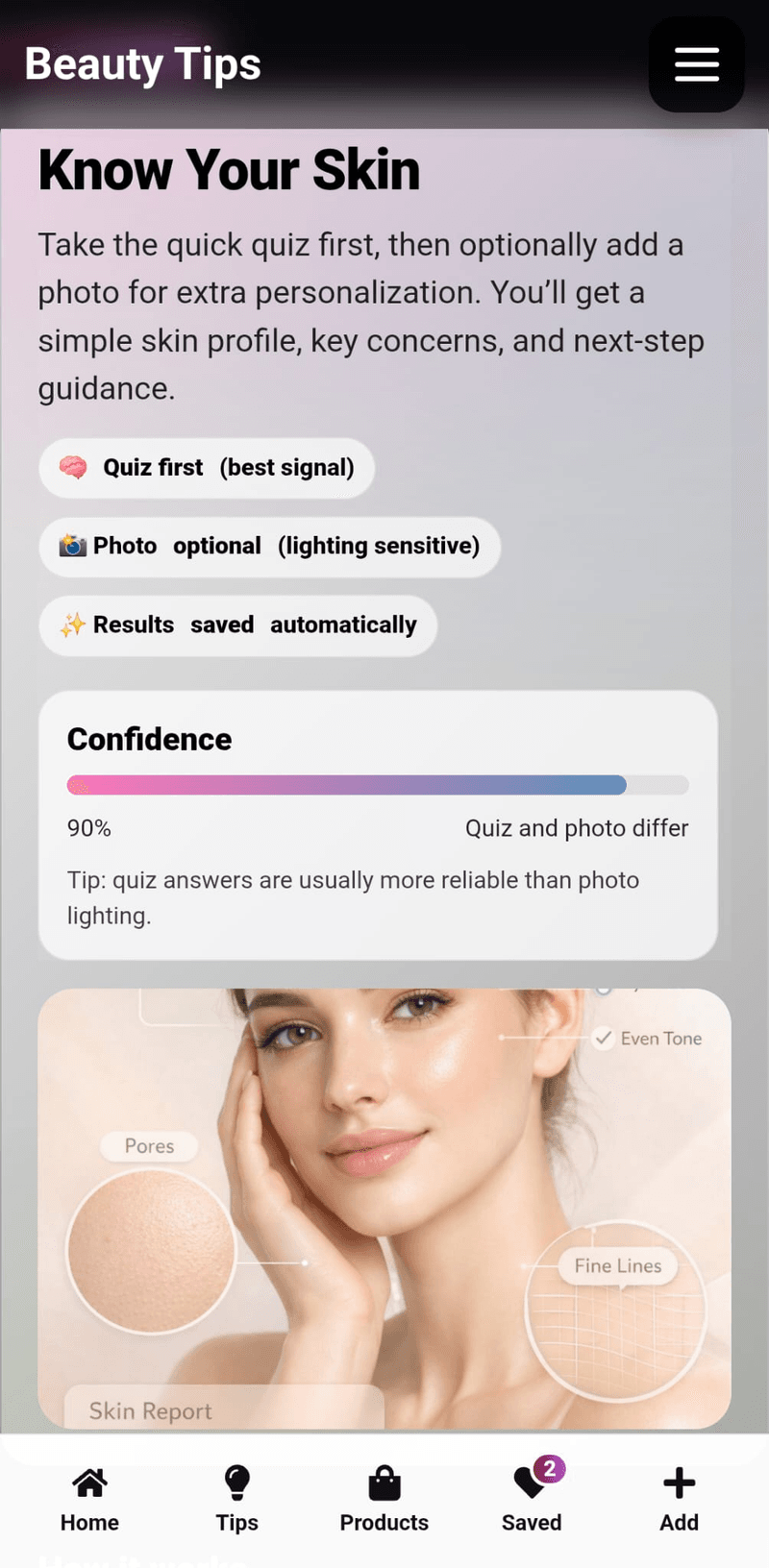 GlowRoutine app — Know Your Skin screen